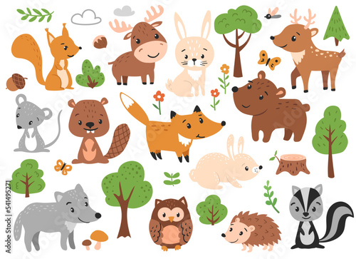 Woodland animals set with fox, hare, bear and other. Hand drawn vector illustration.