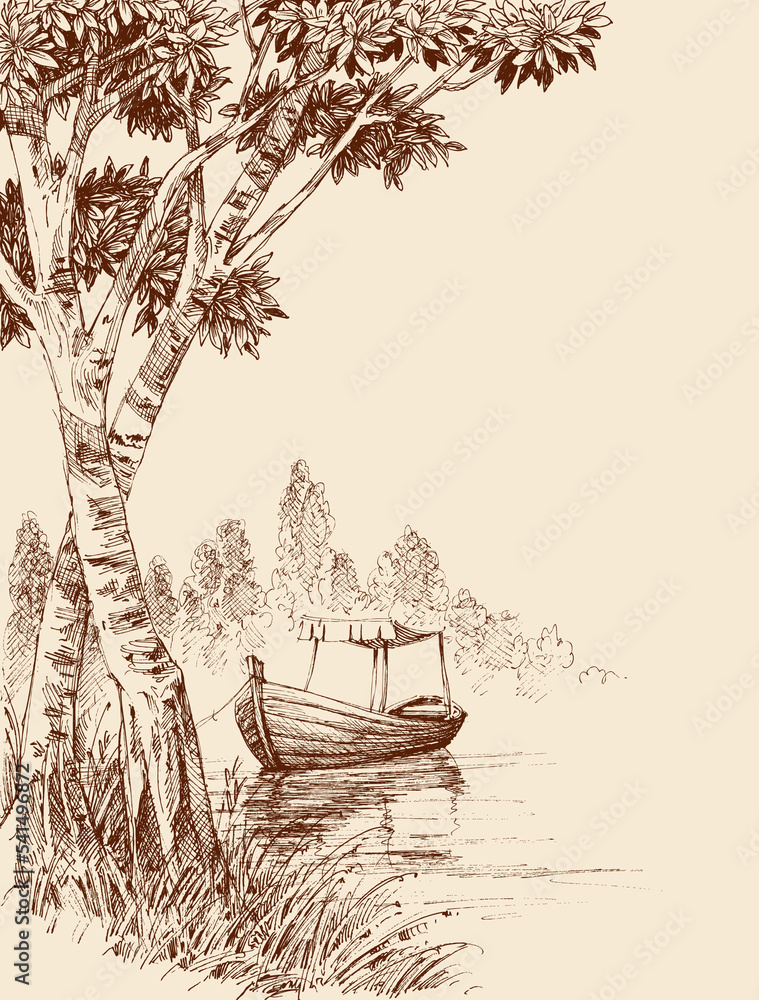 Fototapeta premium Empty boat tied on shore on the lake, relaxation in nature sketch