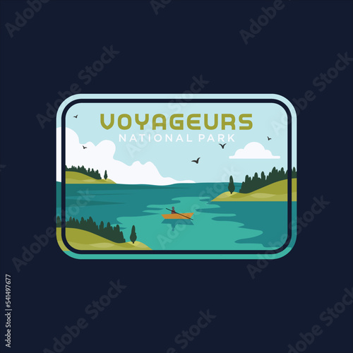 vector illustration of Voyageurs National Park, badge, sticker, logo with sky and lake at background and suitable for Poster, Logo and leaflet  photo