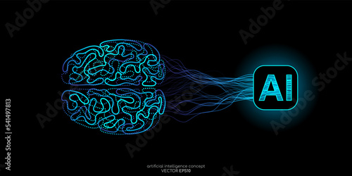 Vector illustration left right human brain blue light and neural network wavy line isolated on black background in concept of A.I. artificial intelligence technology, machine learning, neuroscience