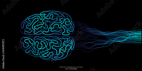 Vector illustration left right human brain blue light and neural network wavy line isolated on black background in concept of A.I. artificial intelligence technology, machine learning, neuroscience photo