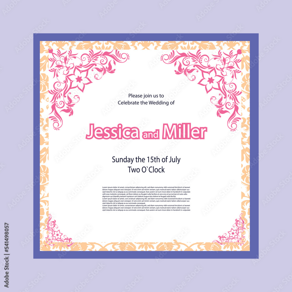 Beautifull wedding invitation card design with hand Drawn floral on shades of magenta background
