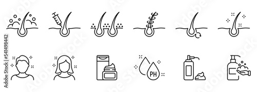 Hair Beauty Care Line Icons. Hair Care and Loss Problem. Treatment and Problem of Hair. Cosmetic Products for Hairstyle Outline Icons. Editable Stroke. Isolated Vector Illustration