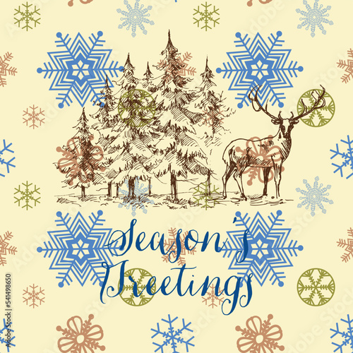Pine trees and deer Christmas greeting card, season's greetings, snowflakes background pattern