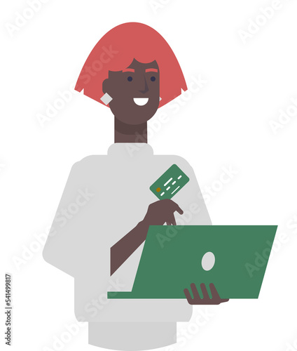 Illustration of a woman with a laptop buys with credit card. A girl works with her computer and a cc, businesswoman looks at a screen, a wife watches an internet site, happy about an information. photo