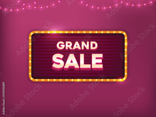Marquee lightbox with hanging light on dark pink background for sale banner design. Grand sale banner concept.