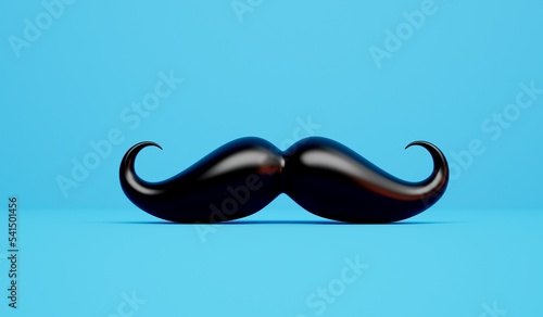black shiny mustache facial hair against a blue background. 3D Rendering