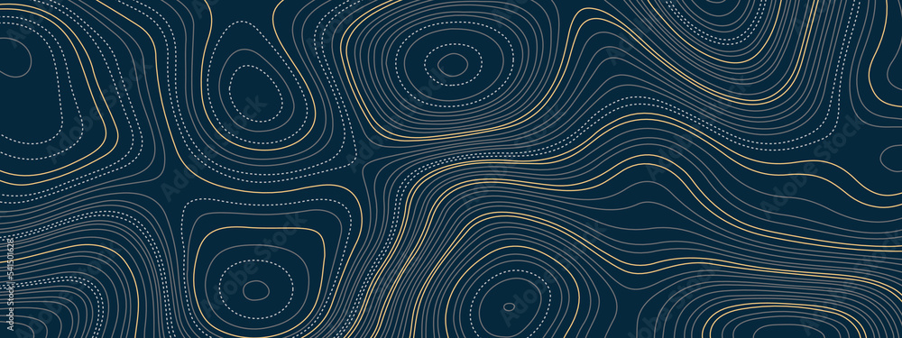 The stylized blue and golden abstract topographic map with lines and circles background. Topographic map and place for texture. Topographic gradient linear background with copy space. 