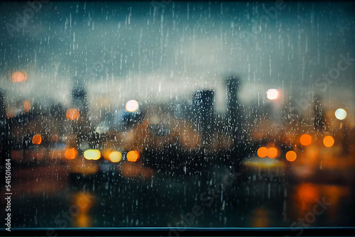 Wet the window with the background of the night city. 3d illustration