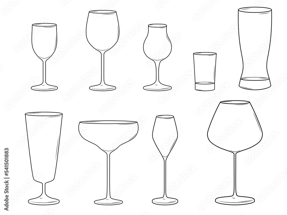 Collection of various stemwares. Line wine glasses. Vector illustration isolated on white background Collection of various stemwares. Line wine glasses. Vector illustration isolated on white background