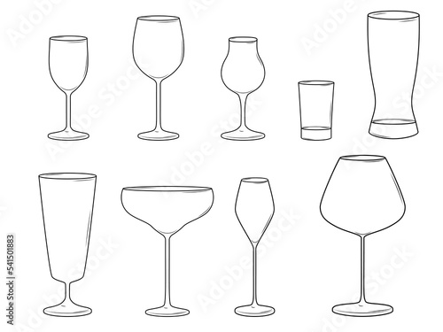 Collection of various stemwares. Line wine glasses. Vector illustration isolated on white background