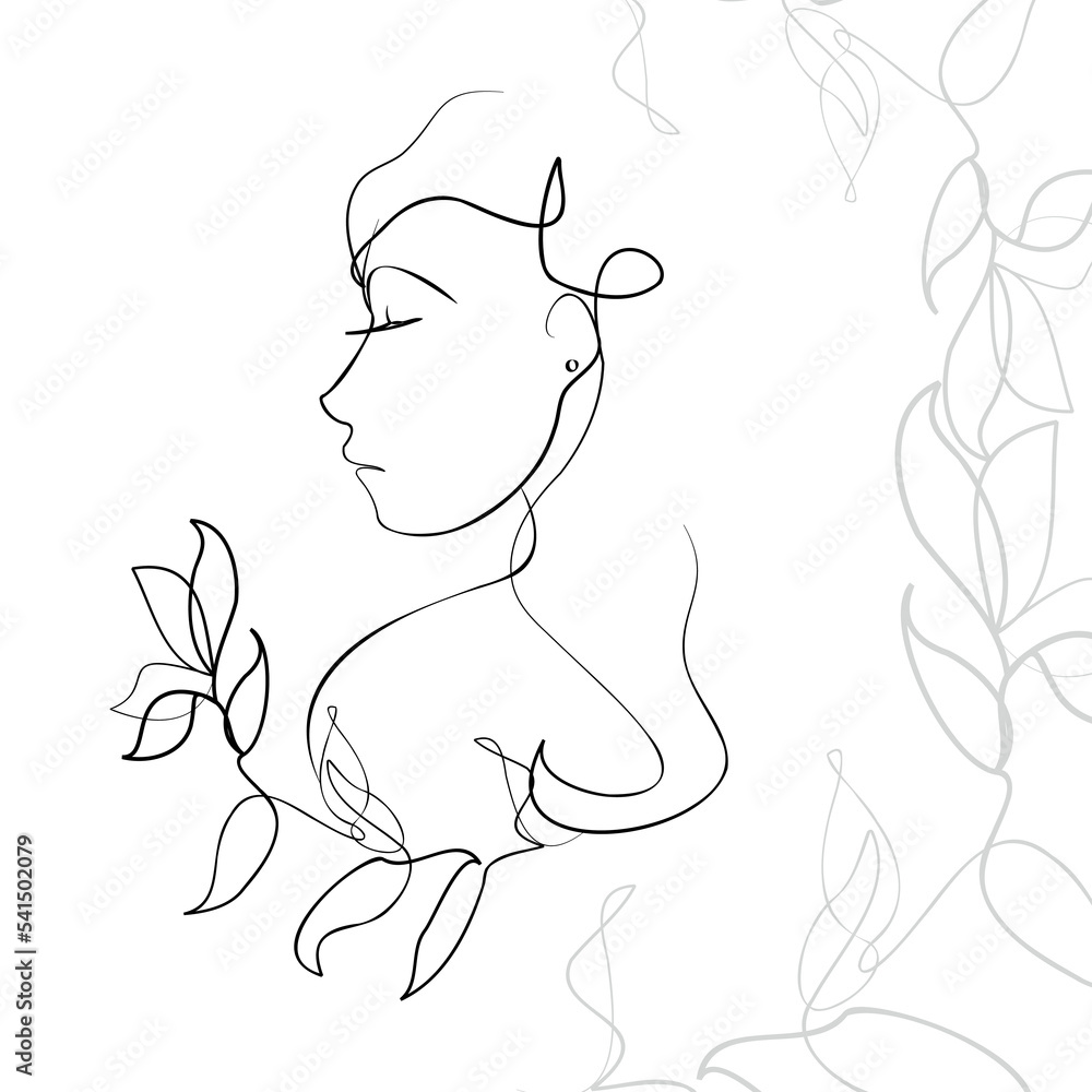One line hand drawn vector art with beautiful woman face and flowers in elegant curve. Black isolated on white background. Modern simplistic design for fashion, wall art, print, tattoo, cover, card. One line hand drawn vector art with beautiful woman face and flowers in elegant curve. Black isolated on white background. Modern simplistic design for fashion, wall art, print, tattoo, cover, card.