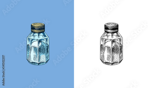 Salt shaker. Seasoning or spice for cooking food and drinks Hand Drawn engraved sketch for t-shirt.