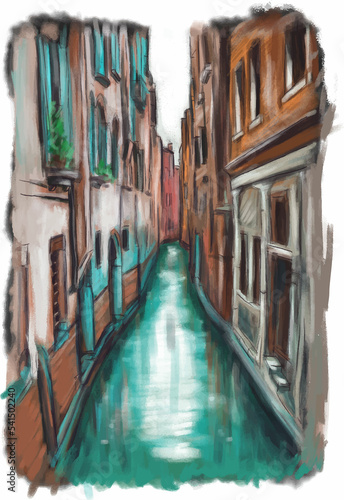 Watercolor italian landscape, italy landmark illustration. Traveling along the venice canal.