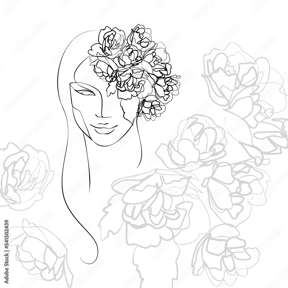One line hand drawn vector art with beautiful woman face and flowers in ...