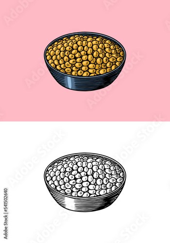 Soy beans in a bowl. Detailed vegetarian food sketch. Hand drawn illustration for menu, label, icon or poster.