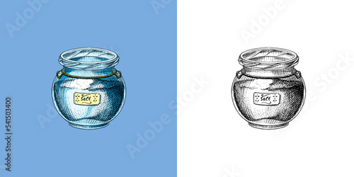 Sea salt in a glass jar. Piles of seeds in the bowl. Spice in natural packaging. Flavoring or saline. Vintage background banner. Engraved hand drawn old sketch. 