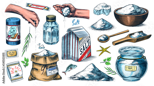Sea salt set. Glass bottles, packaging and and leaves, wooden spoons, powdered powder, spice in the hand. Vintage background banner. Engraved hand drawn sketch.