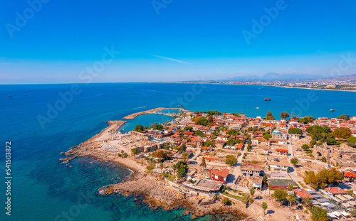 Aerial top view ancient Side town, Antalya Province, Turkey drone photo photo