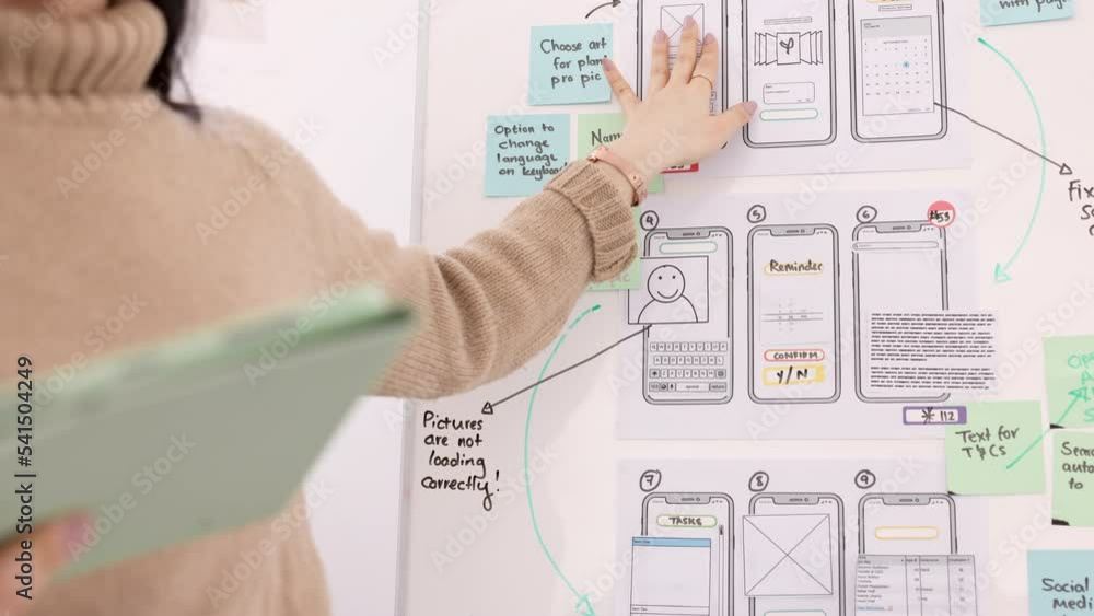 Ux, presentation and design with woman and planning in meeting for idea, developer or technology. Software engineering, creative and phone ui with employee in office for it strategy, chart or website