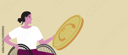 Disabled wheelchair with coin as concept benefit, flat vector stock illustration or copy space template for design