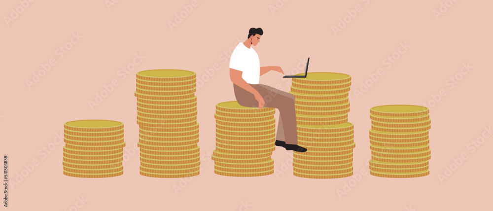 Graphics from coins and freelancer with laptop, flat vector stock illustration as concept of risk management