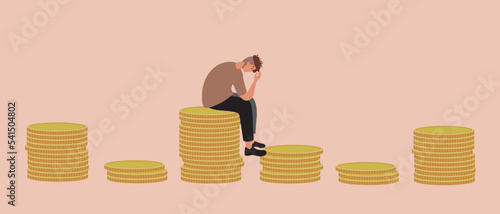 Graph of coins and sad person in depression, flat vector stock illustration as concept of economic instability or crisis