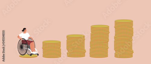 Graphic of coins and person with wheelchair, flat vector stock illustration as concept of economic crisis and inflation