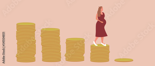 Graphic of coins and pregnant woman, flat vector stock illustration as concept of economic crisis, reduction of benefits for pregnant women