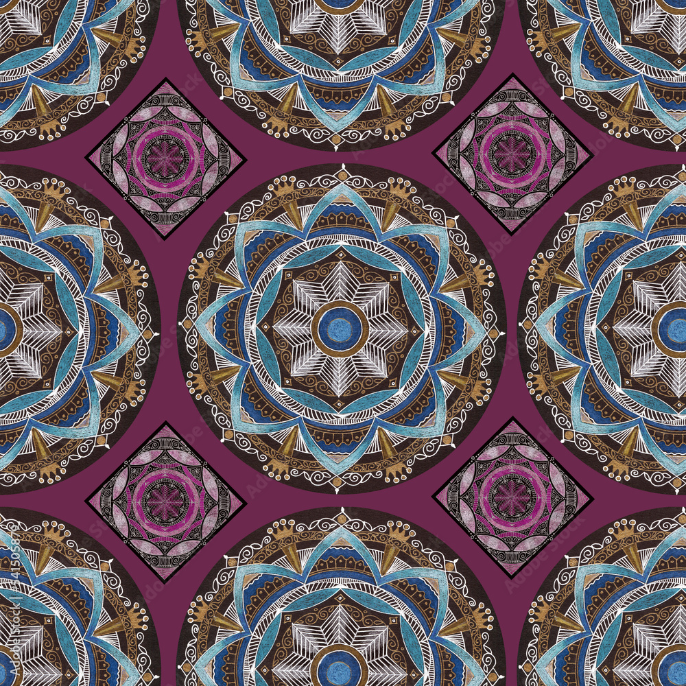 Seamless pattern with mosaic mandalas on violet background.