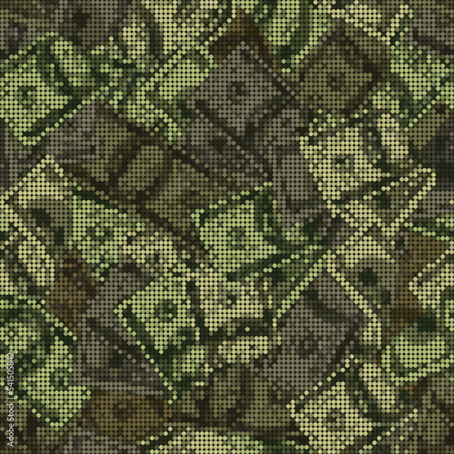 Green khaki camouflage pattern with 100 dollar banknotes. Pixel retro effect. Army or hunting green masking ornament for apparel, fabric, textile, sport goods.