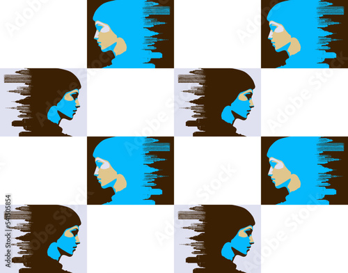 Seamless pattern, woman Profile and the City - Double Exposure, vector clipart