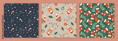 Christmas and Dogs patterns collection. Vector illustration of three flat seamless patterns with cute cartoon puppies in winter hats and scarfs, Christmas socks, balls, and other decor 