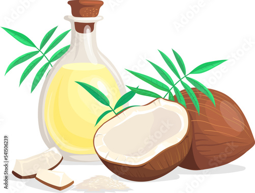 Coconut oil bottle and half nut cartoon icon
