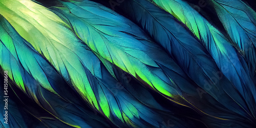 Background with blue and green feathers, textured, detailed digital painting. Created with Generative AI technology © MonaMood