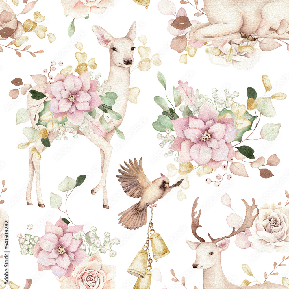 Watercolor seamless pattern. Elegant Christmas design. Deer, bird, flower, golden elements. Hand drawn illustration. Cute holidays texture for decor, fabric, textile, wallpaper, wrapping paper Watercolor seamless pattern. Elegant Christmas design. Deer, bird, flower, golden elements. Hand drawn illustration. Cute holidays texture for decor, fabric, textile, wallpaper, wrapping paper