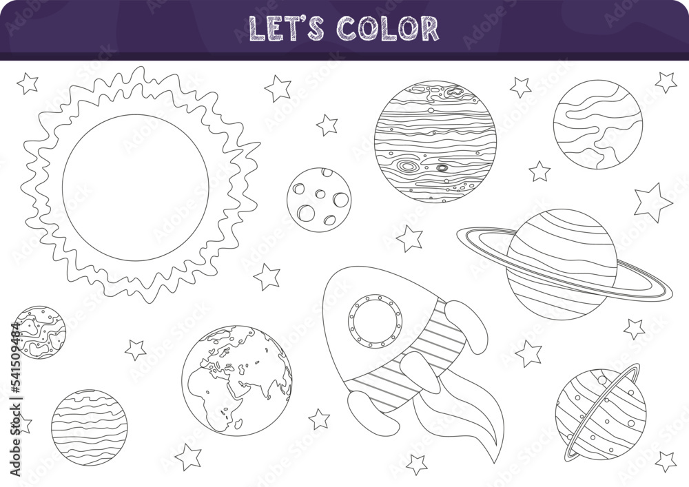 Big space coloring book for printing for kids. Cosmonautics and Space Day. Funny planets, rocket, solar system. Coloring book. Let s color the page. Vector illustration.