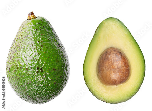 Set of ripe avocados isolated on white. Clipping path of half and whole avocado. macro shooting avocado