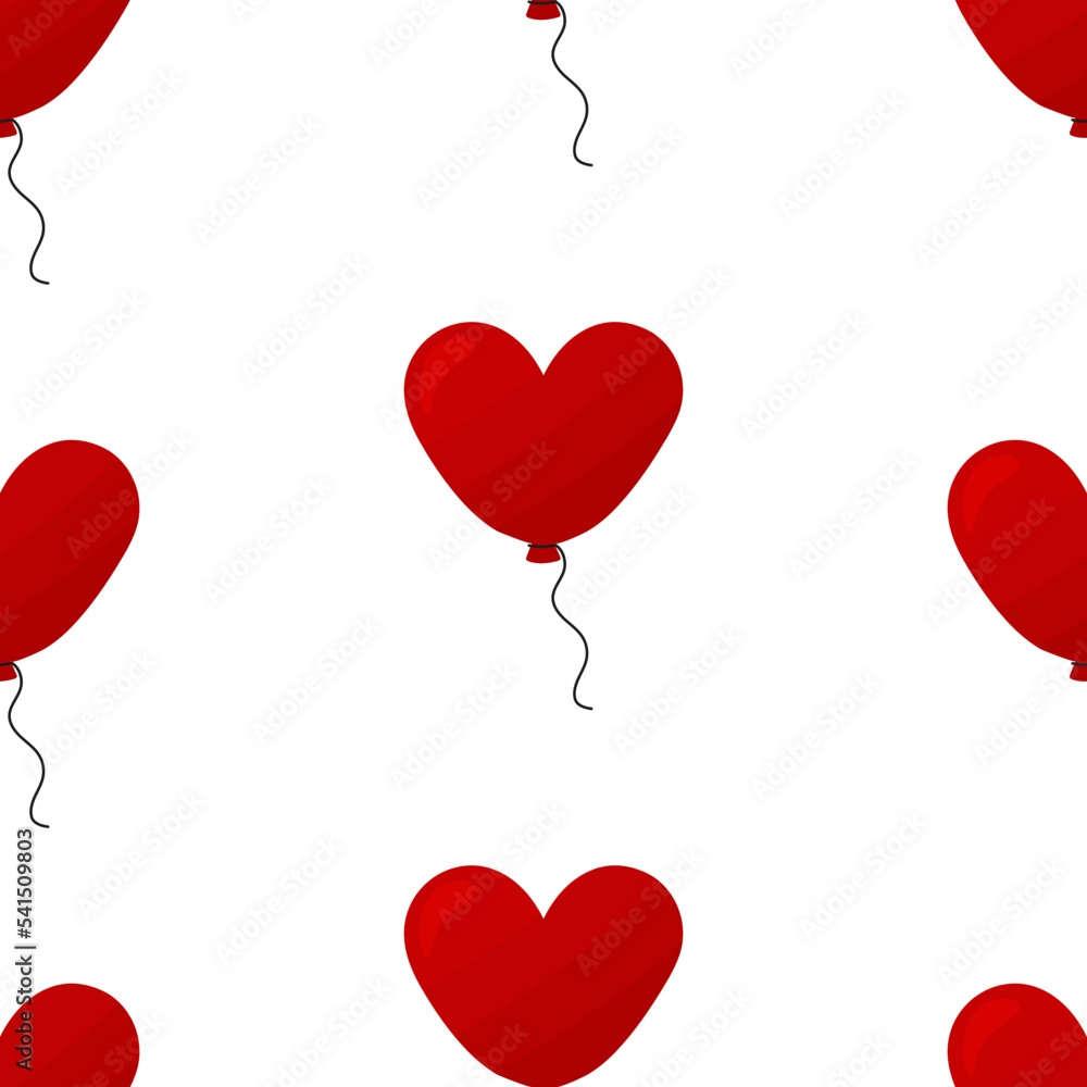Seamless pattern with balloons in the form of red heart on white background. Ready-made template for design, postcards, printing, poster, party, Valentine's Day, textiles. Vector. Seamless pattern with balloons in the form of red heart on white background. Ready-made template for design, postcards, printing, poster, party, Valentine's Day, textiles. Vector.