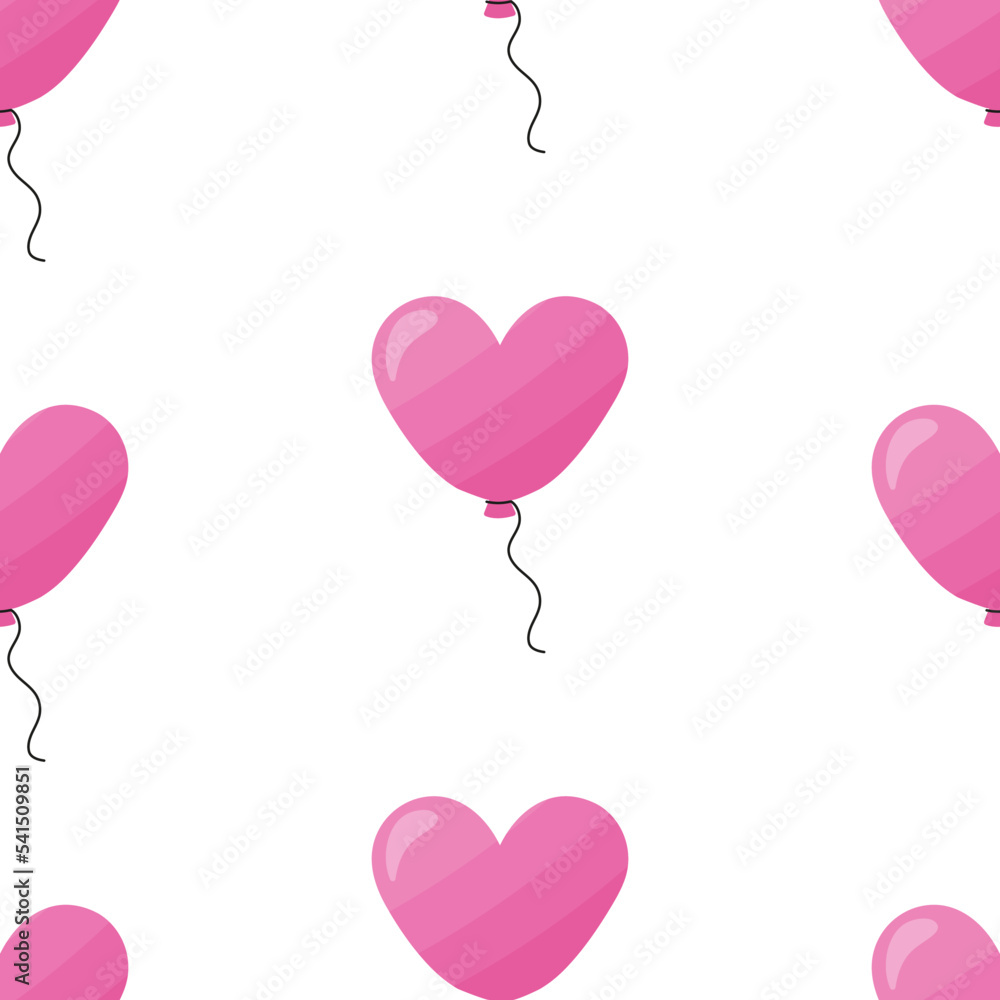 Seamless pattern with balloons in the form of pink heart on white background. Ready-made template for design, postcards, printing, poster, party, Valentine's Day, textiles. Vector.