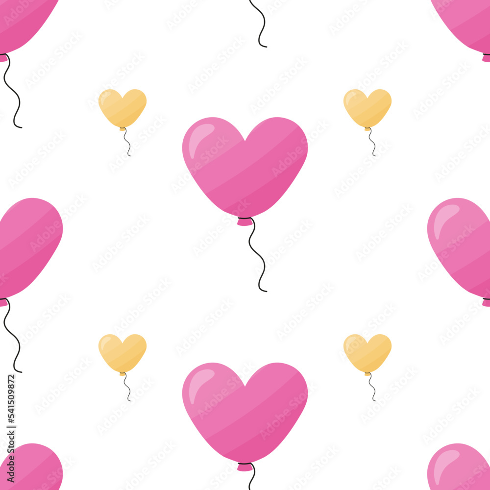 Seamless pattern with balloons in the form of hearts on white background. Ready-made template for design, postcards, printing, poster, party, Valentine's Day, textiles. Vector.