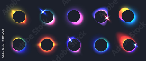 Black frames with blurred neon gradients and sparks, glowing circles with holographic light blur effect. Trendy vivid futuristic blurry circle banner, colorful fluid gradient elements vector set