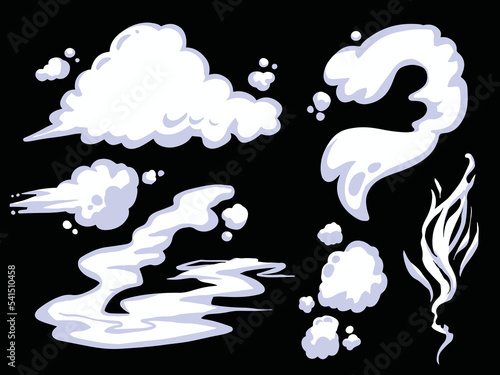 White clouds and smoke cartoon effect set collection for motion decoration. 2D vector flat drawing illustration