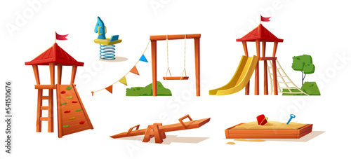 Isolated on white background. Collection of kids playground elements, slide, swing, castle, sand pit. photo