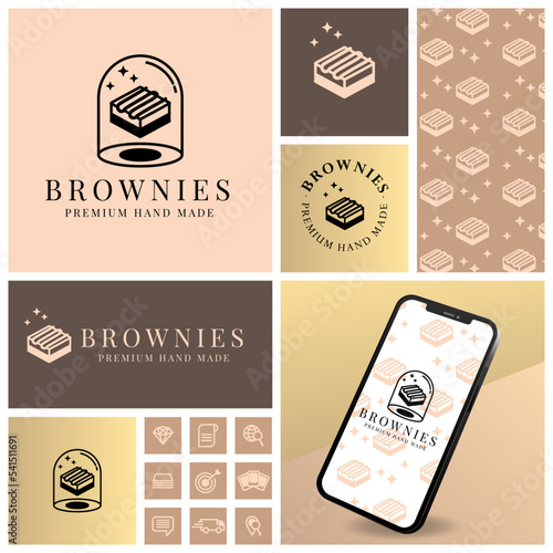 cute simple cake logo with seamless pattern and mockup