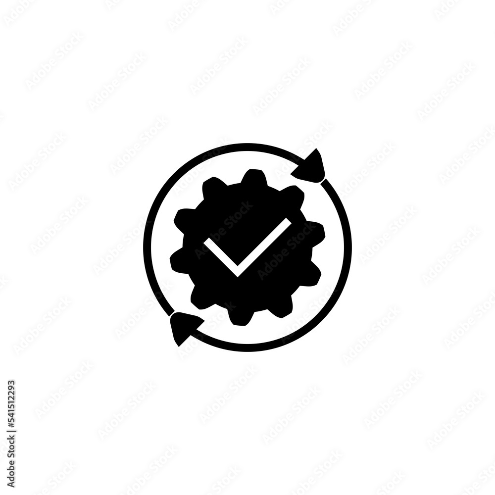 Gear with check icon in flat. Successful process symbol isolated on white. Gear with check icon in flat. Successful process symbol isolated on white.