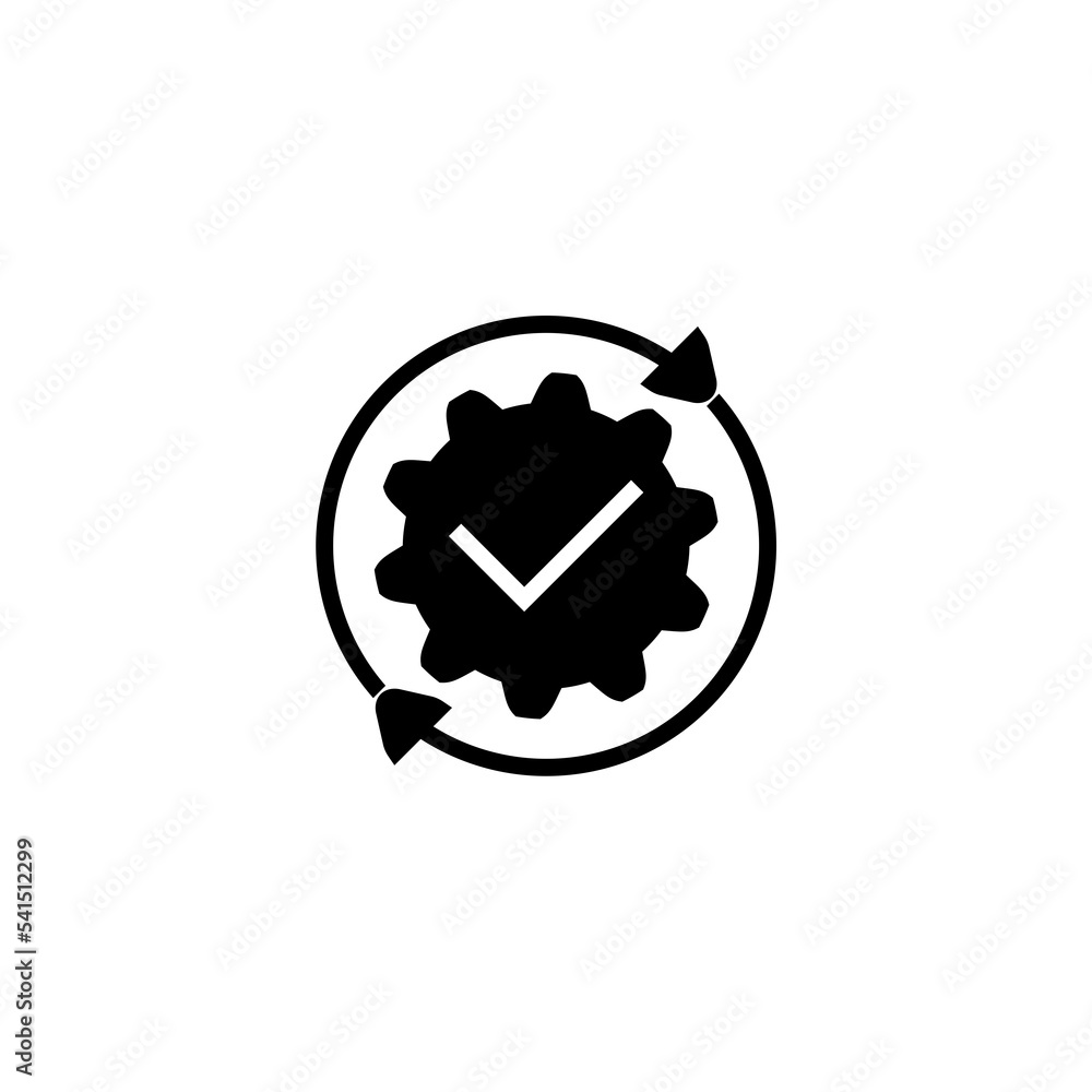 Gear with check icon in flat. Successful process symbol isolated on white. Gear with check icon in flat. Successful process symbol isolated on white.