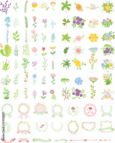 Set of wedding graphic set- wreath, flowers, arrows, hearts, laurel, ribbons and labels, hand drawing vector illustration