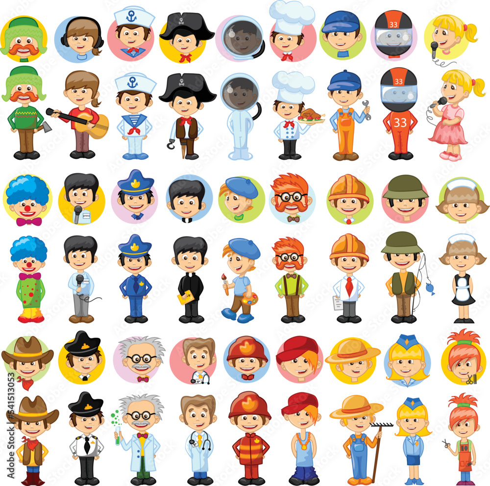 Kids in professional uniform. Children doing different job as builder, teacher, businessman, doctor and firefighter. Boys and girls choosing career. Characters employees isolated vector Kids in professional uniform. Children doing different job as builder, teacher, businessman, doctor and firefighter. Boys and girls choosing career. Characters employees isolated vector
