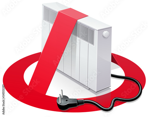 3D white radiator with its electric socket with the red circular prohibition symbol placed on it on an isolated white background